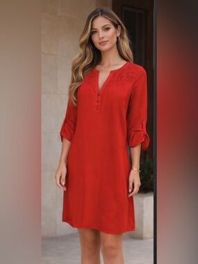 Daniel Rainn Red Tunic Dress Pleated Split Neck 3/4 Sleeve Size S